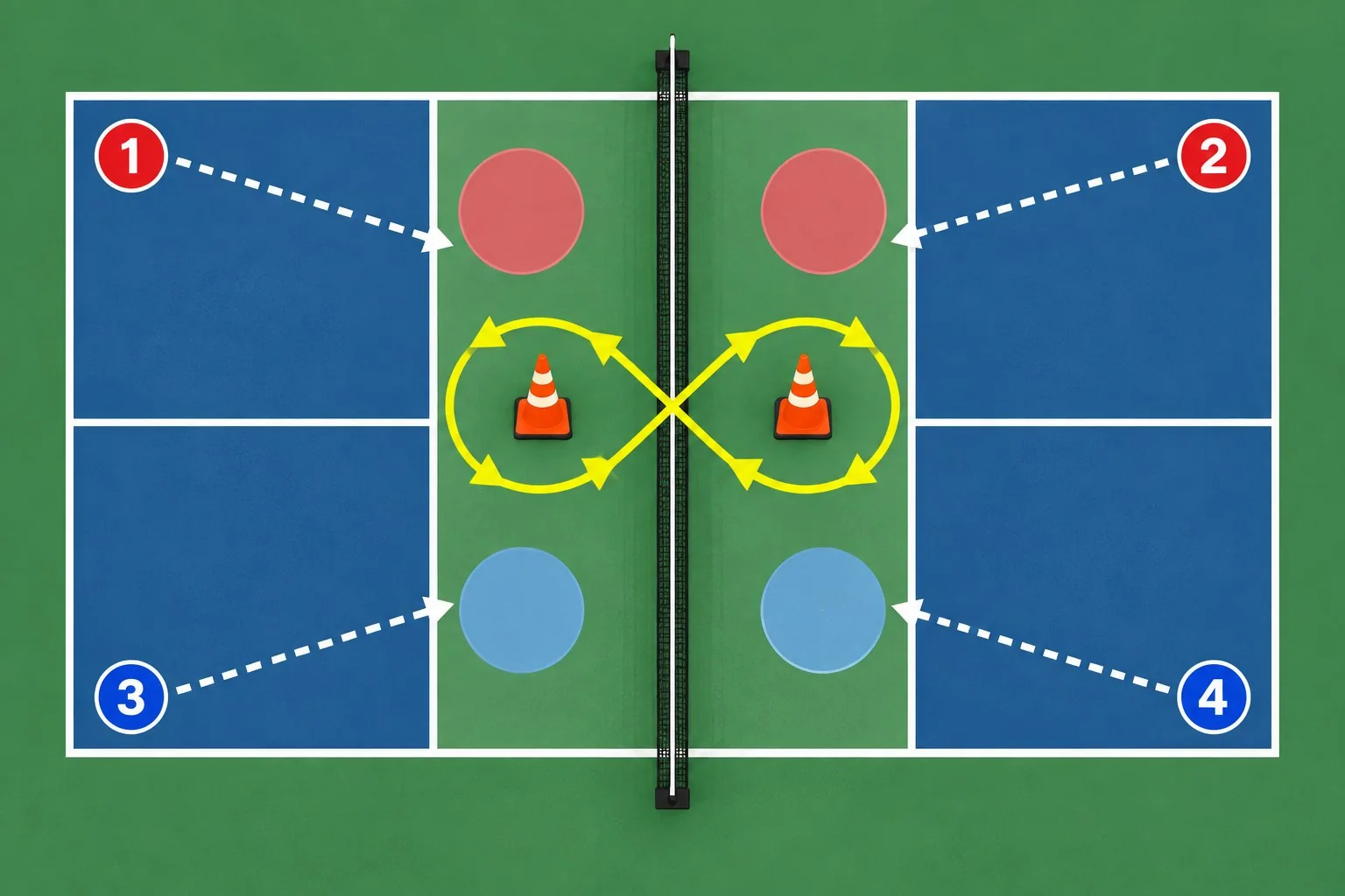 Overhead pickleball figure-eight footwork diagram with kitchen targets and movement arrows
