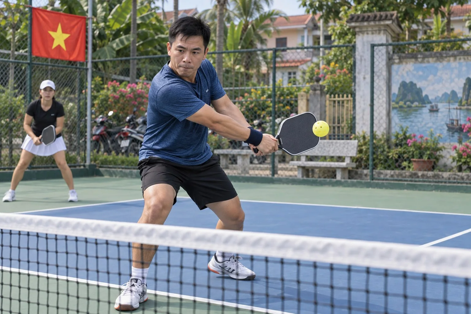 Sơ đồ đường bóng backhand roll từ vạch bếp đến vùng mục tiêu bên trong sân