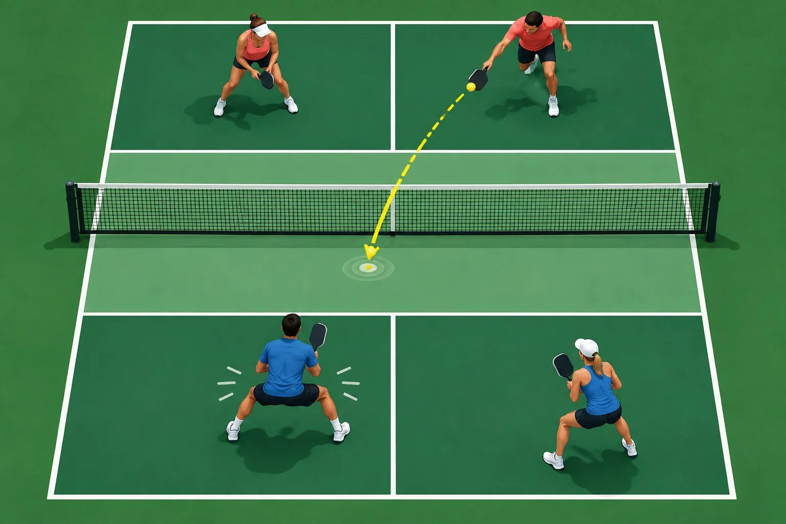 Instructional overhead diagram showing a balanced split step before opponent contact