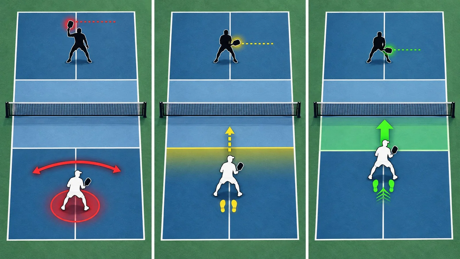 Three-panel pickleball court diagram comparing hold, cautious movement, and advance decisions