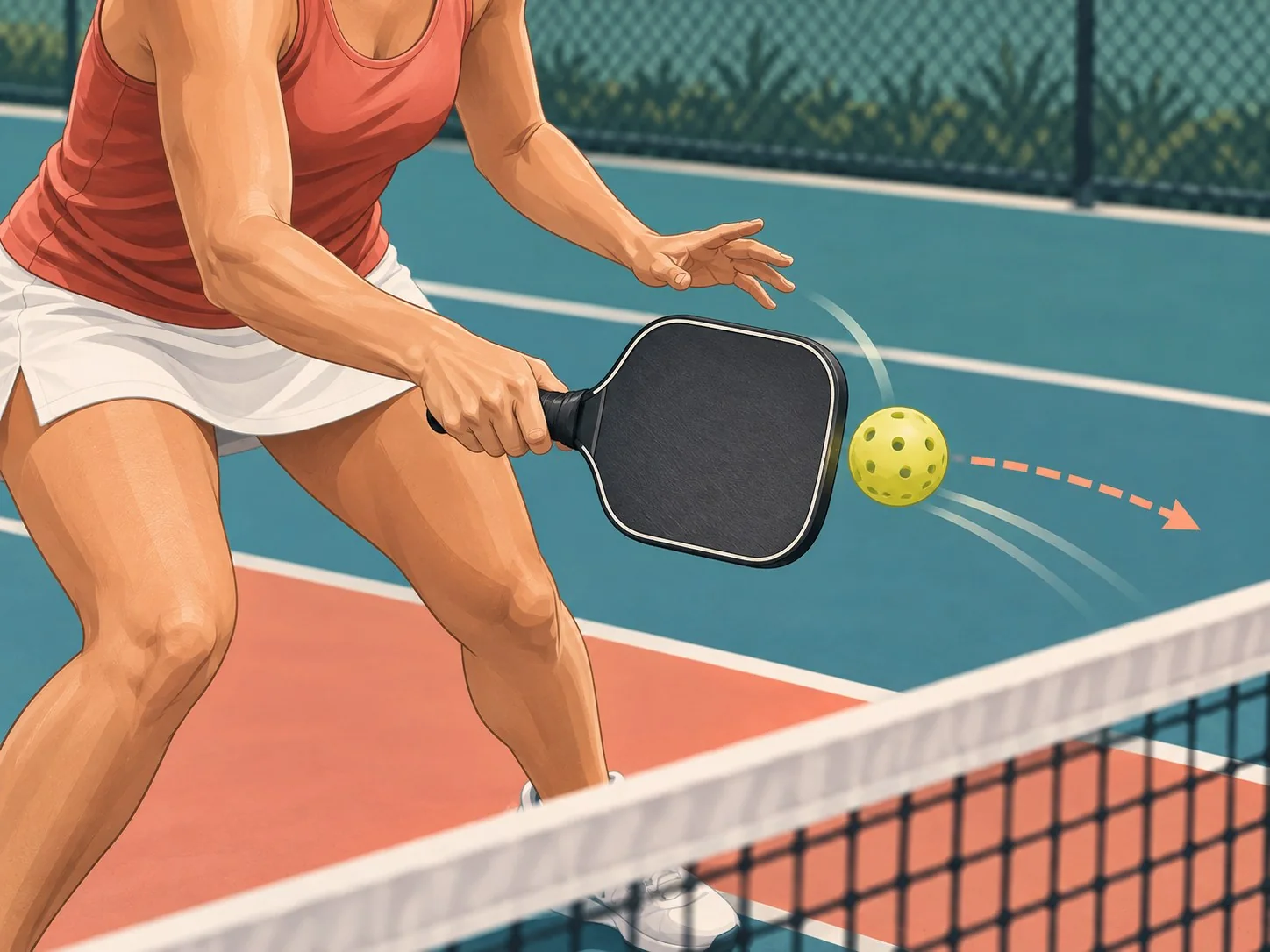 Close technical pickleball reset illustration showing a stable paddle face and soft hands