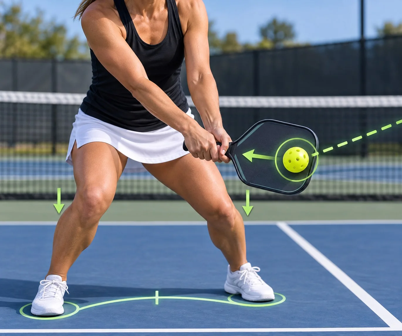 Close technical view of hands, paddle, contact point, and bent-knee base for a backhand block