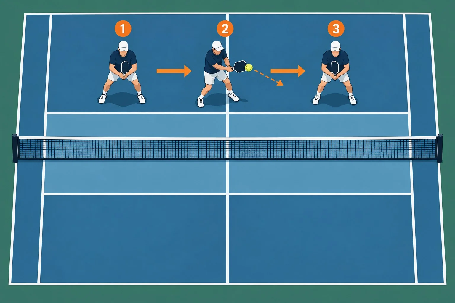 Three-stage overhead drill diagram showing ready position, compact block, and balanced recovery