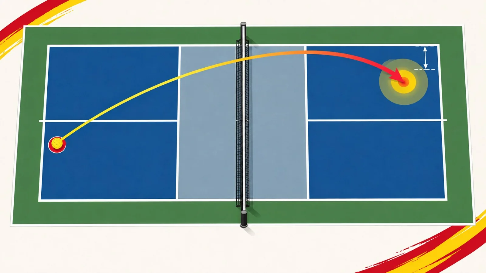 Diagrama de las cinco zonas objetivo para colocar el saque de pickleball