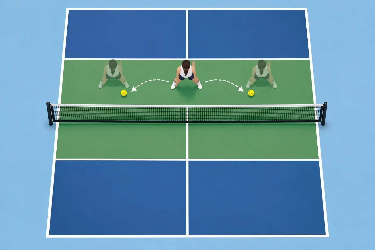 Overhead pickleball coaching diagram showing a player moving behind a ball on both sides of the kitchen