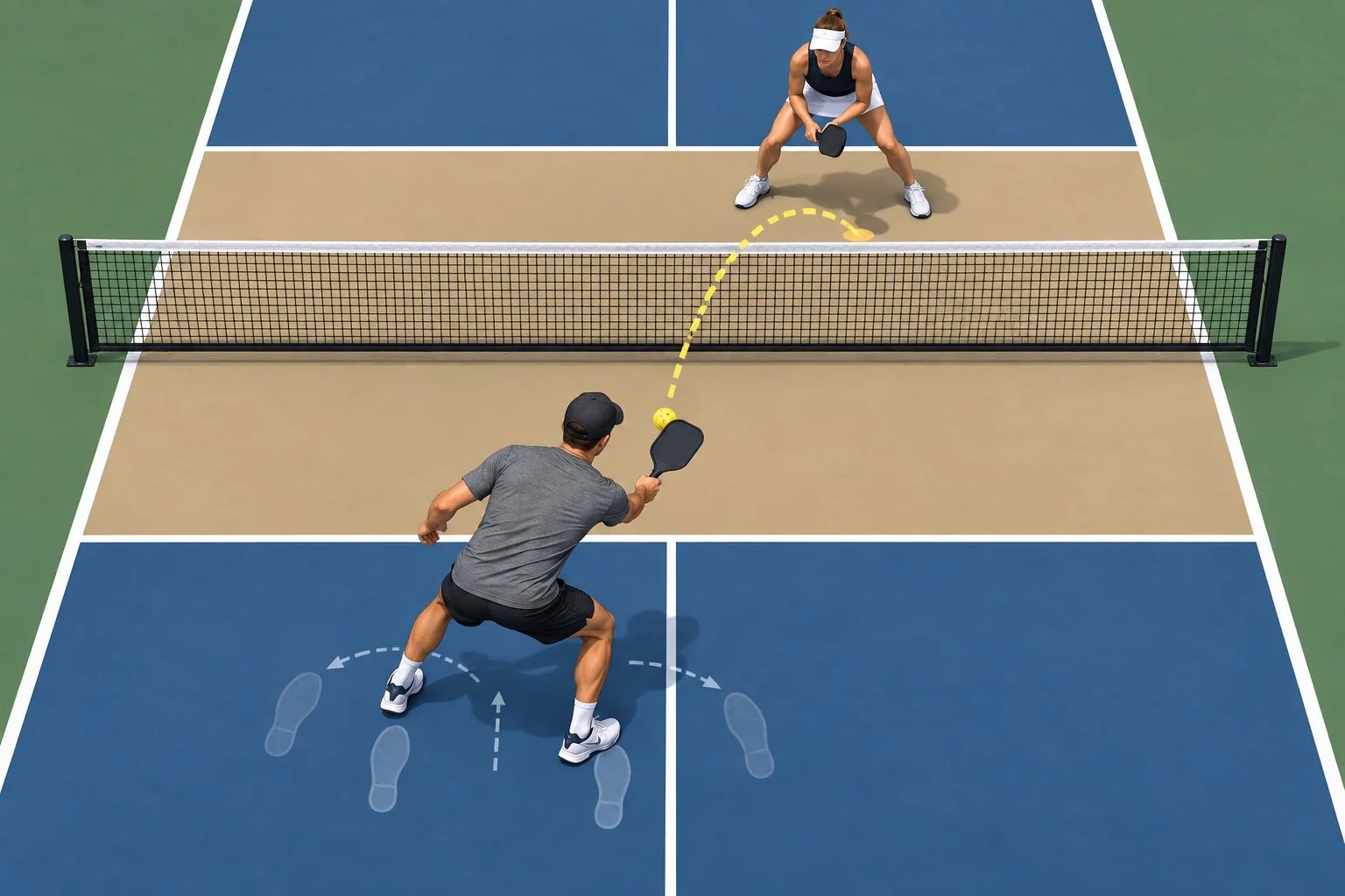 Technical pickleball diagram showing foot adjustment, paddle contact, and a soft dink back across the net