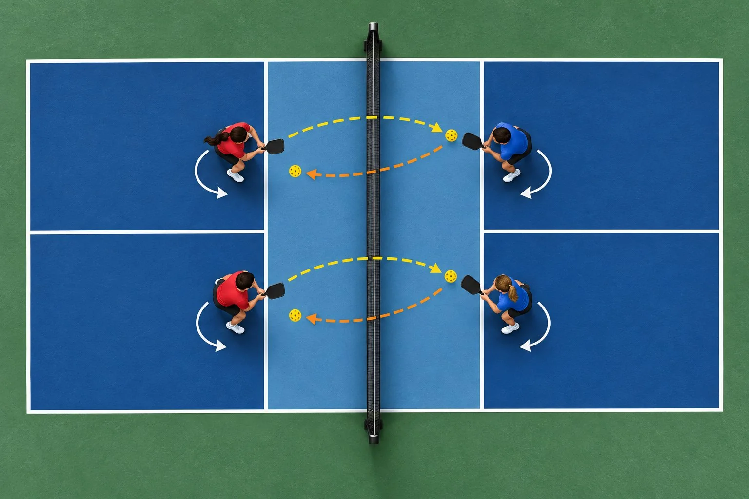 Overhead pickleball practice diagram showing live dinks alternating left and right with recovery arrows