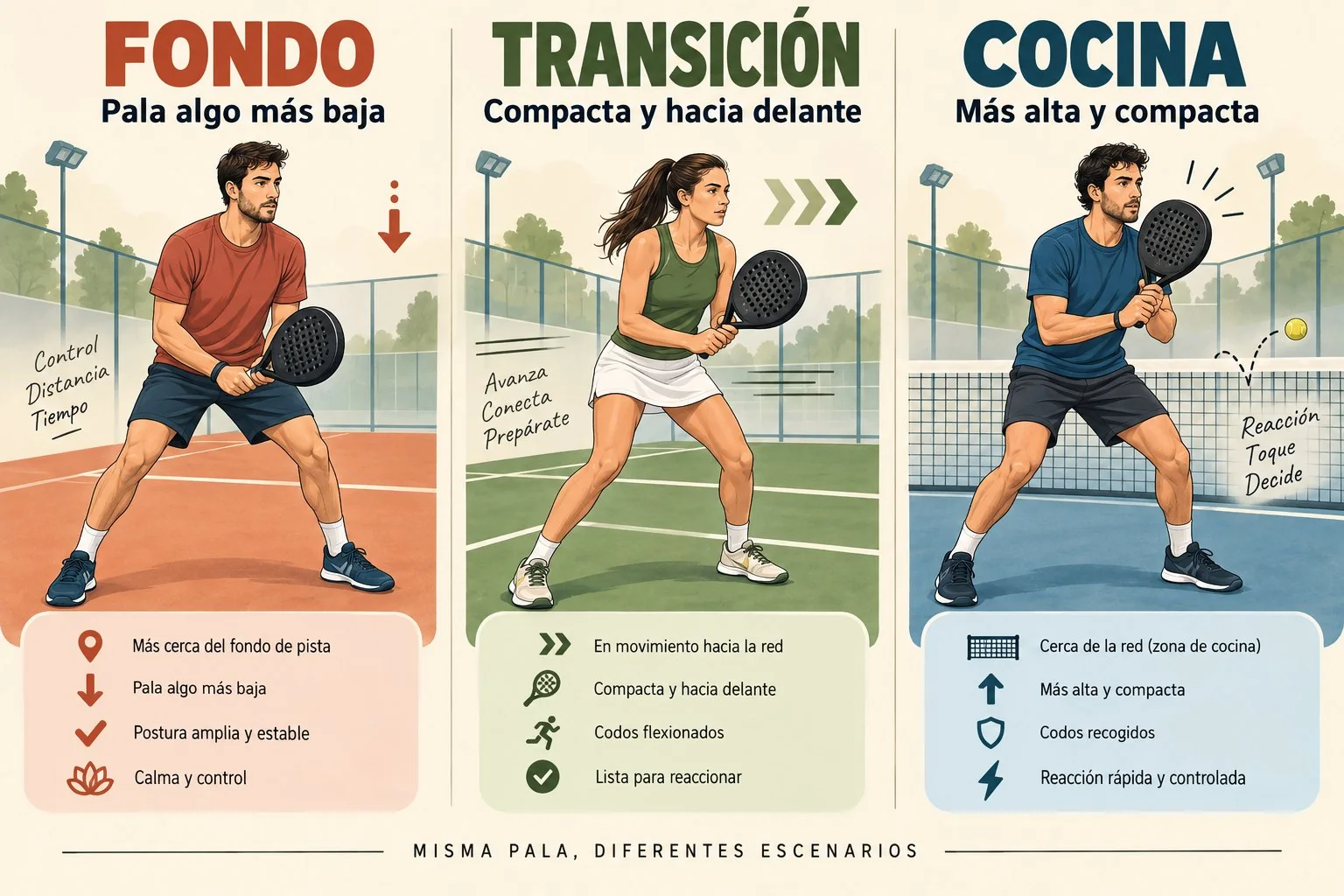 Primer plano técnico de una jugadora hispanohablante recuperando la pala delante tras un dink, con manos relajadas y pies equilibrados
