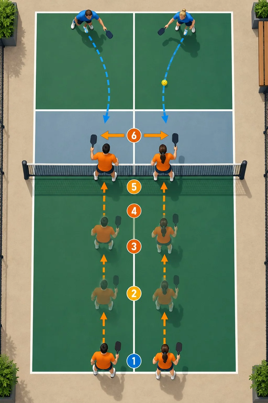 Step-by-step court diagram showing return, forward bursts, split-step timing, and a balanced stop