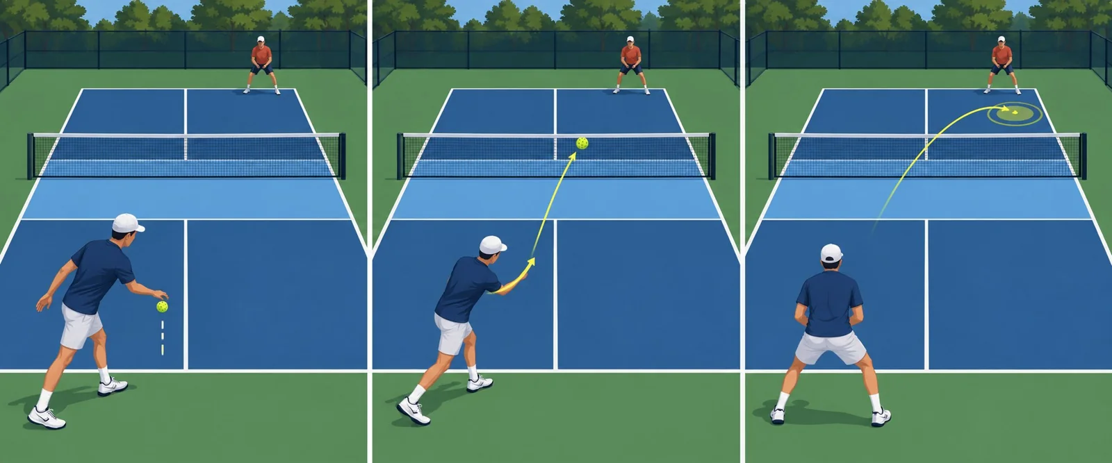 Detalhe instrucional de preparação e trajetória do saque alto em uma quadra de pickleball
