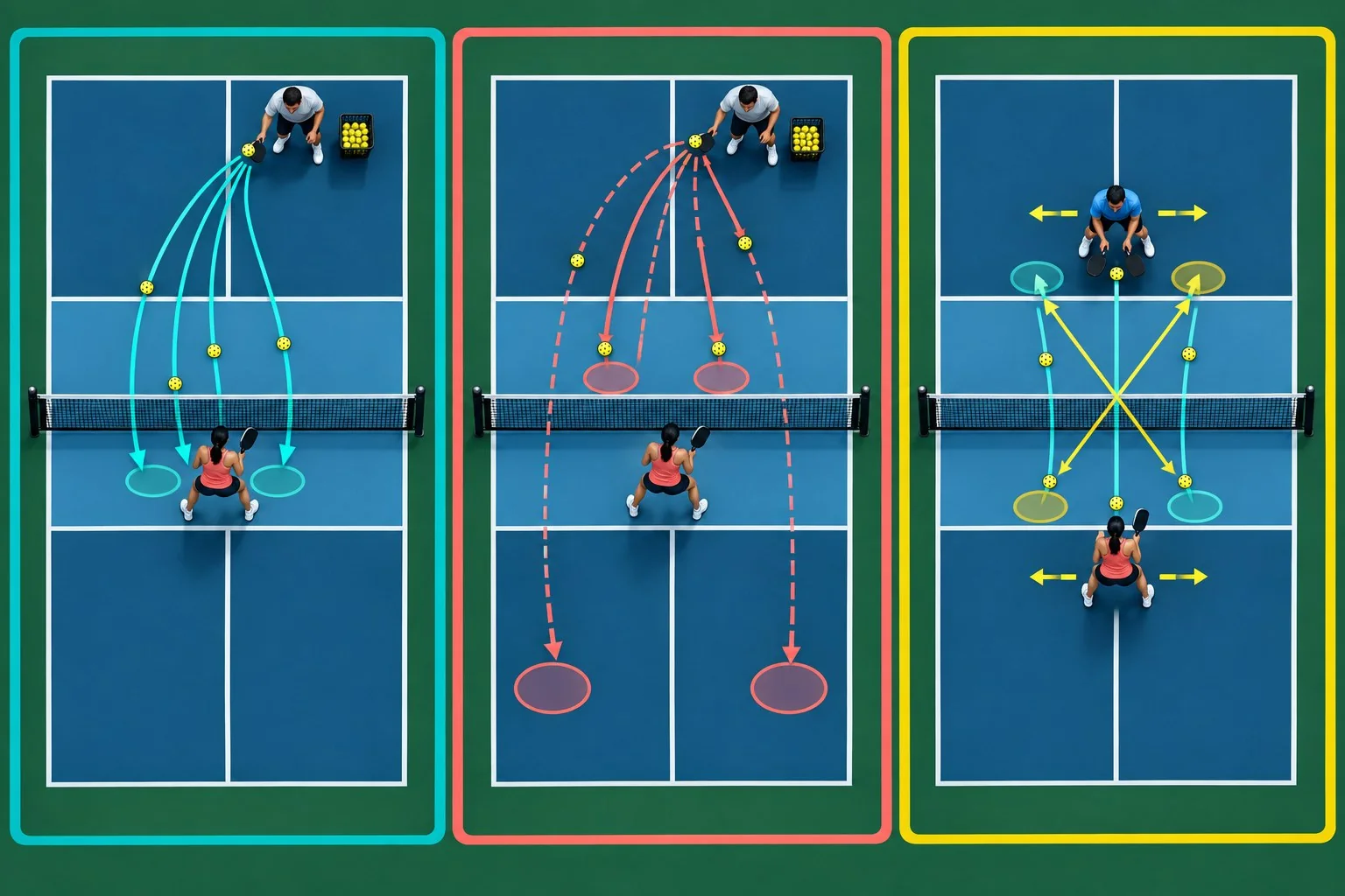 Sơ đồ ba giai đoạn luyện bước mở và dink pickleball