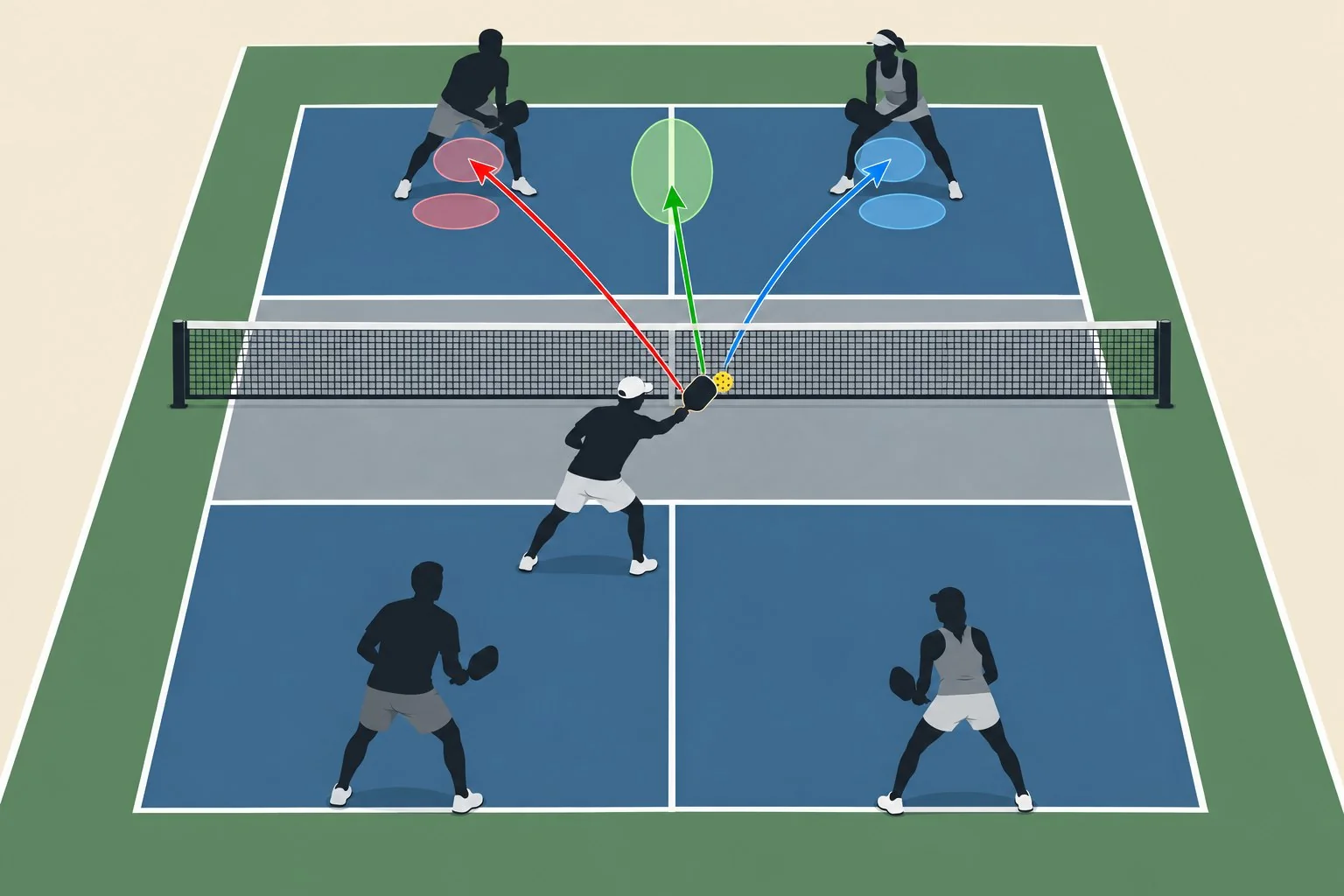 Overhead pickleball diagram showing controlled bursts through the transition zone