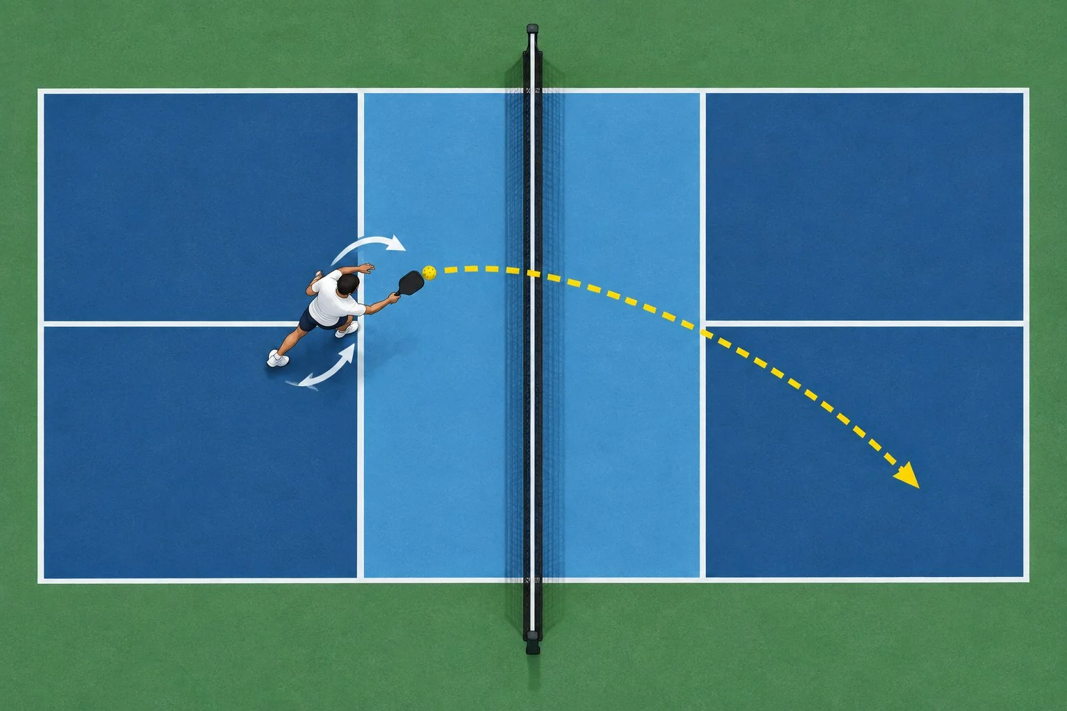 Overhead pickleball court diagram showing forehand roll footwork and contact in front