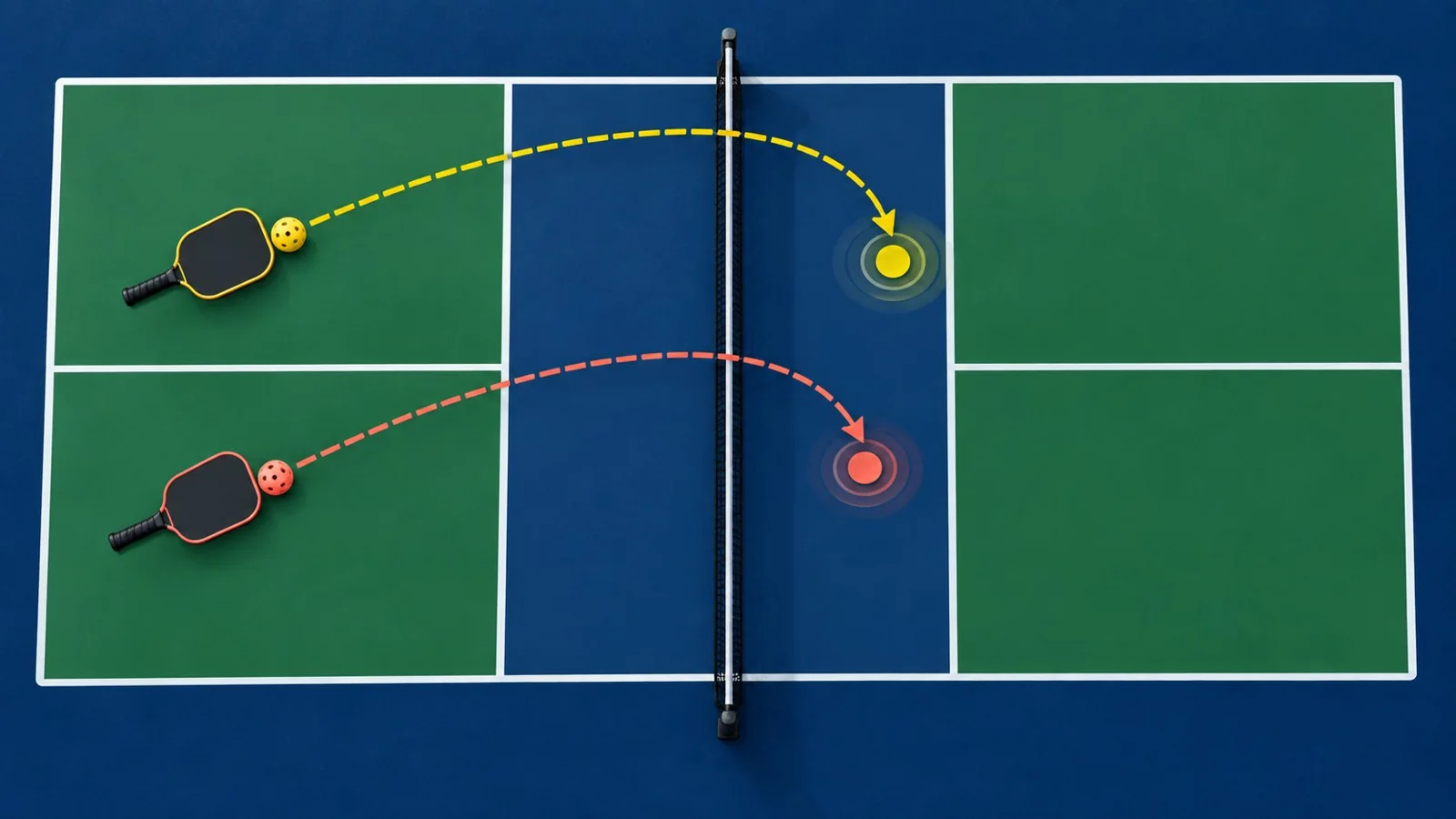 Pickleball court diagram comparing hard and soft forehand roll landing zones