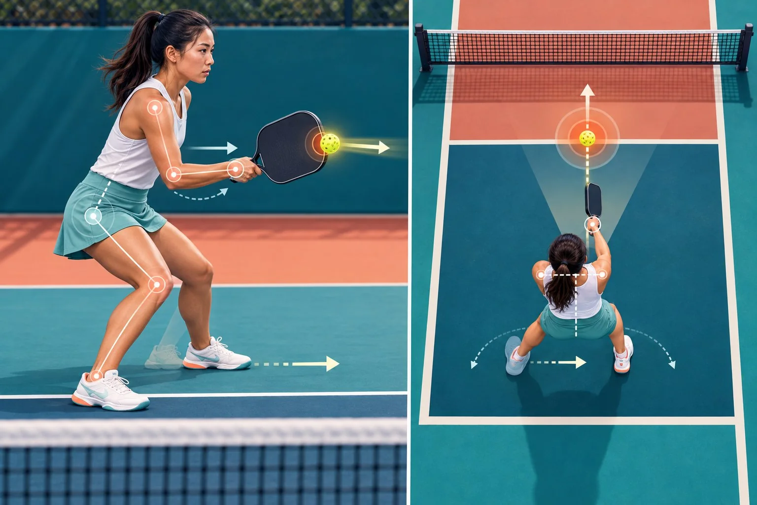 Minh họa điểm chạm và bước ngang nhỏ trong punch volley pickleball