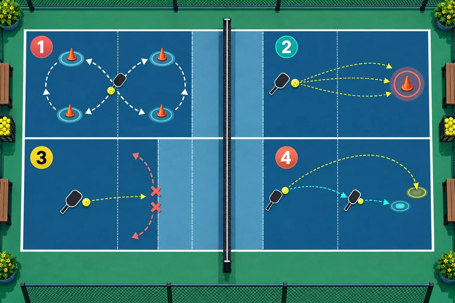 Sơ đồ bốn bài tập punch volley pickleball theo tiến trình