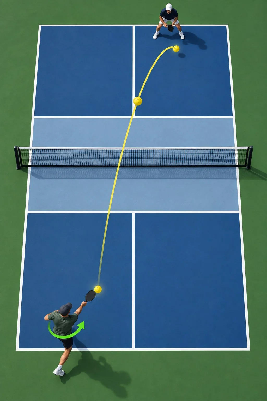 Các điểm chạm và đường vung khi trả giao bóng pickleball