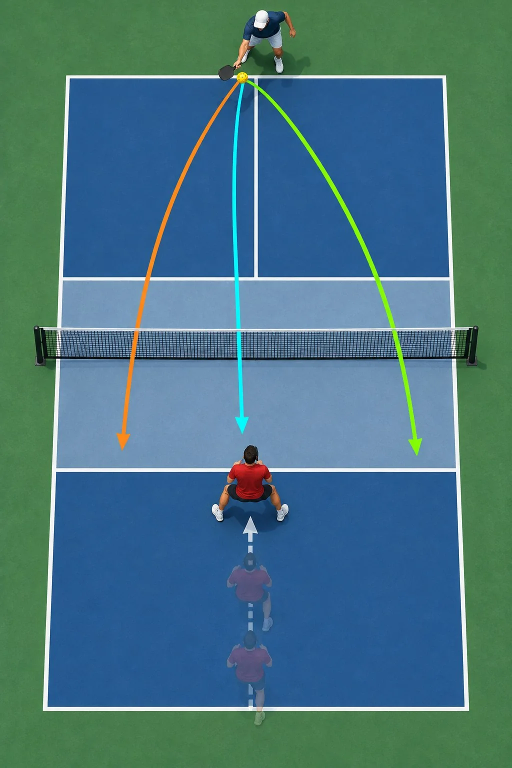 Ba mục tiêu trả giao bóng pickleball: giữa, chéo và dọc biên
