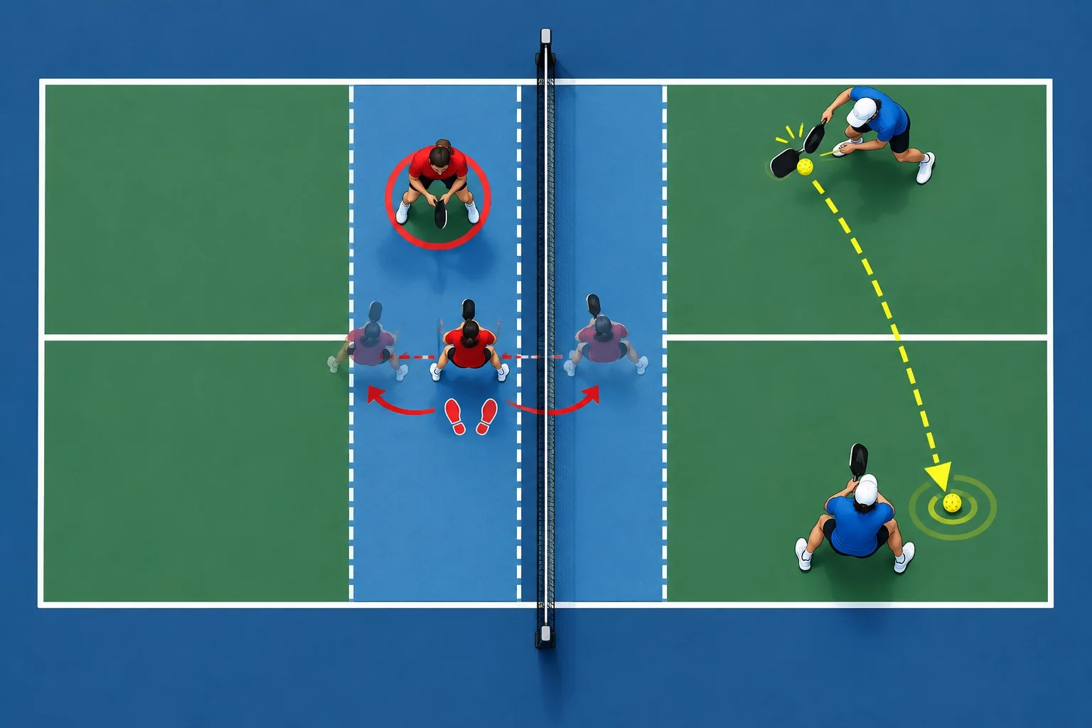Diagrama de posicionamento, split step e avanço na quadra de pickleball