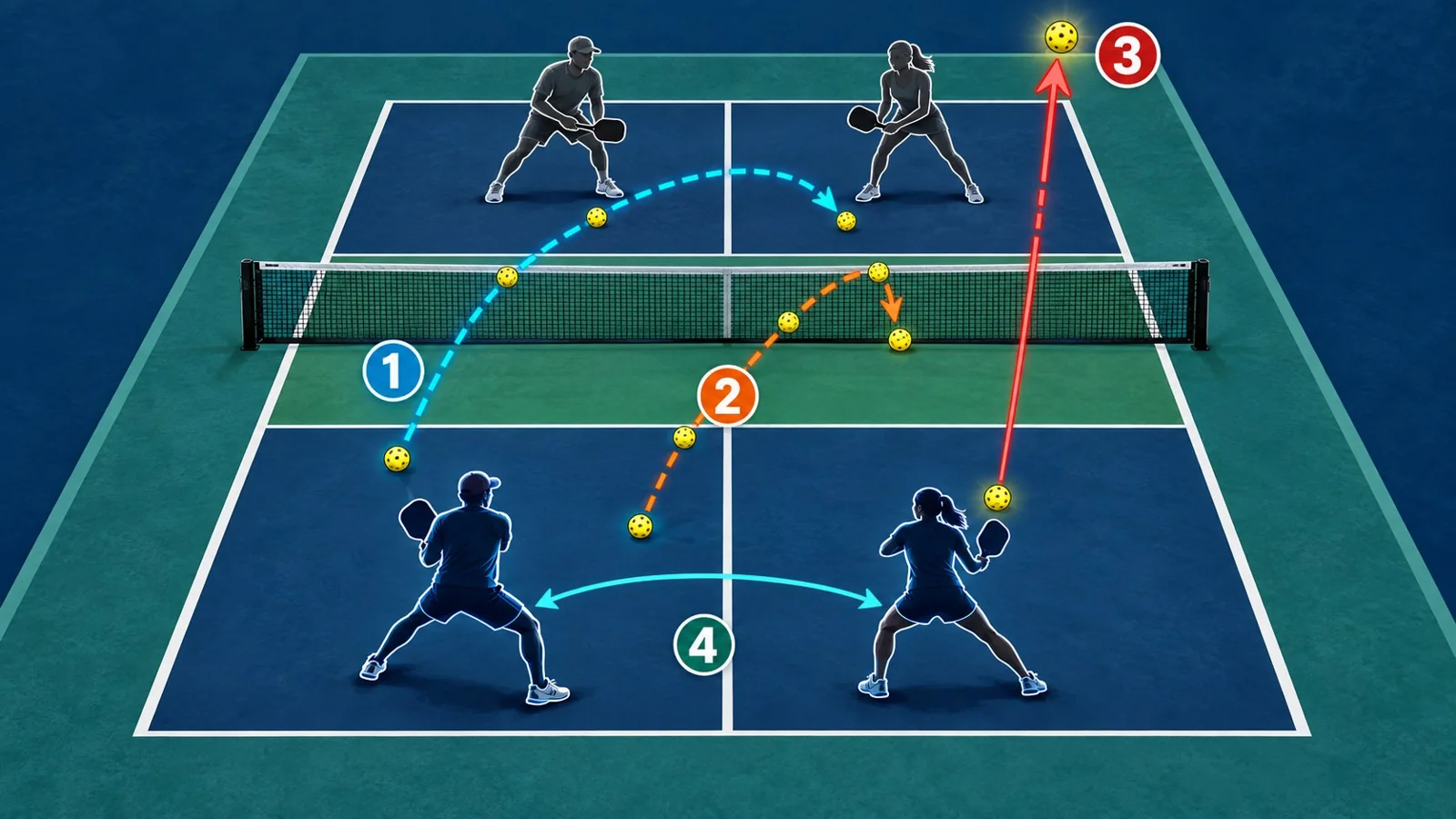 Diagrama de dinks cruzados, reset e alvos baixos no pickleball