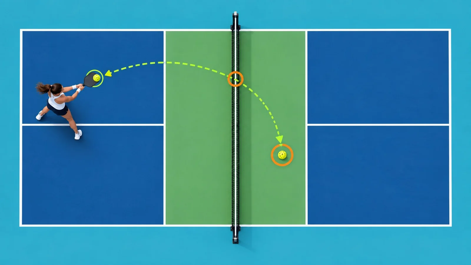 Diagrama de cima mostrando o arco do drop de backhand até a zona de não voleio adversária
