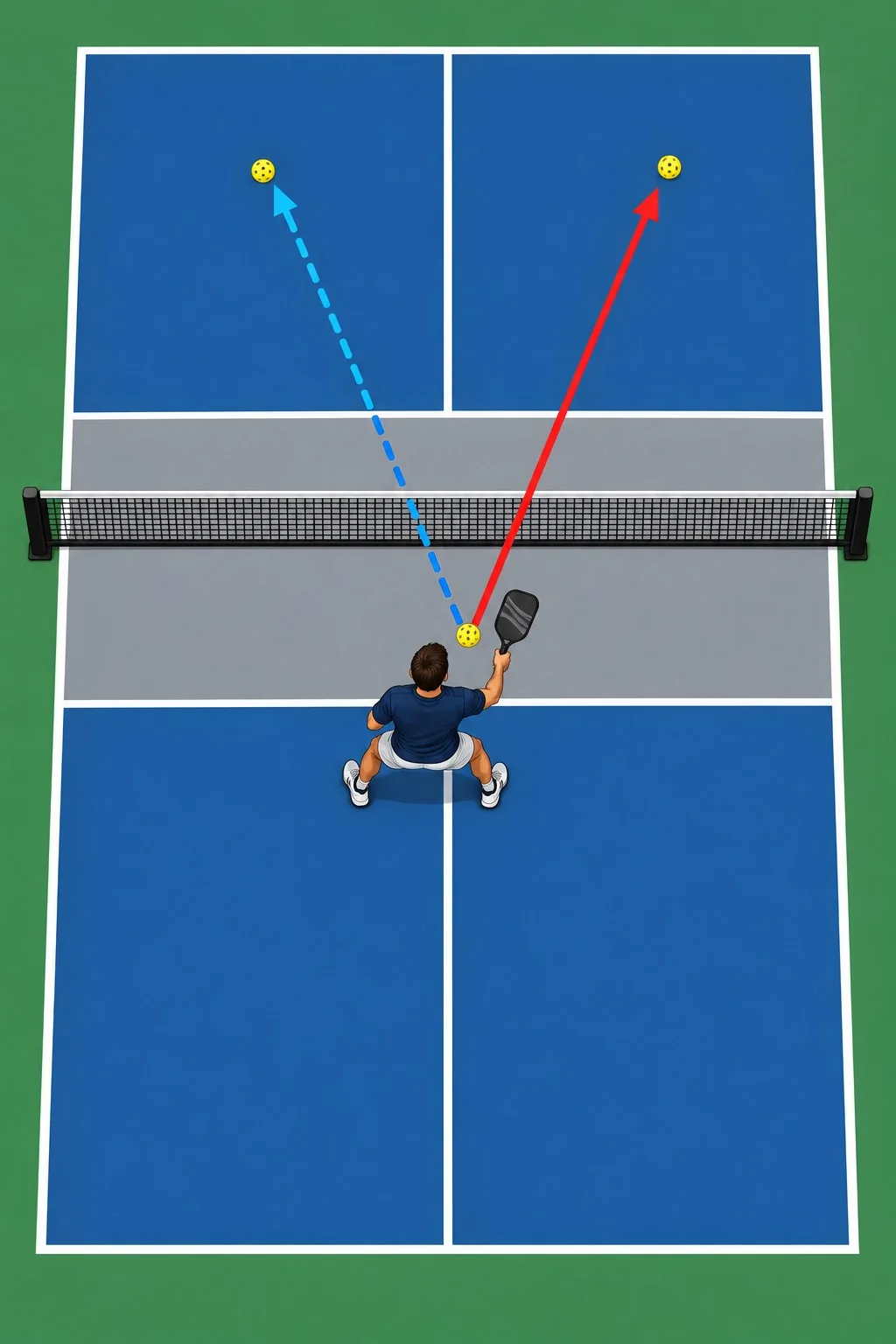 Sơ đồ sân pickleball và vùng quyết định cho các kiểu vô-lê