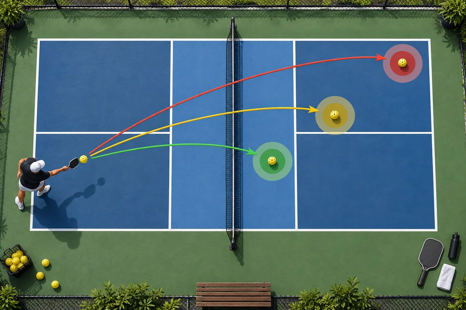 Schéma des zones profondes de placement du service au pickleball