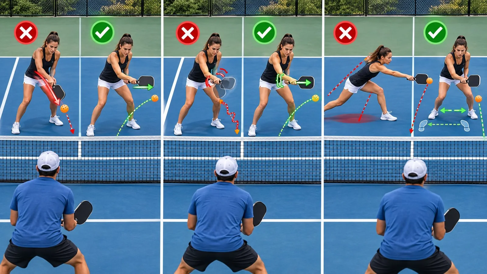 Close-up instructional scene showing balanced knees, quiet wrist, and forward backhand-dink contact