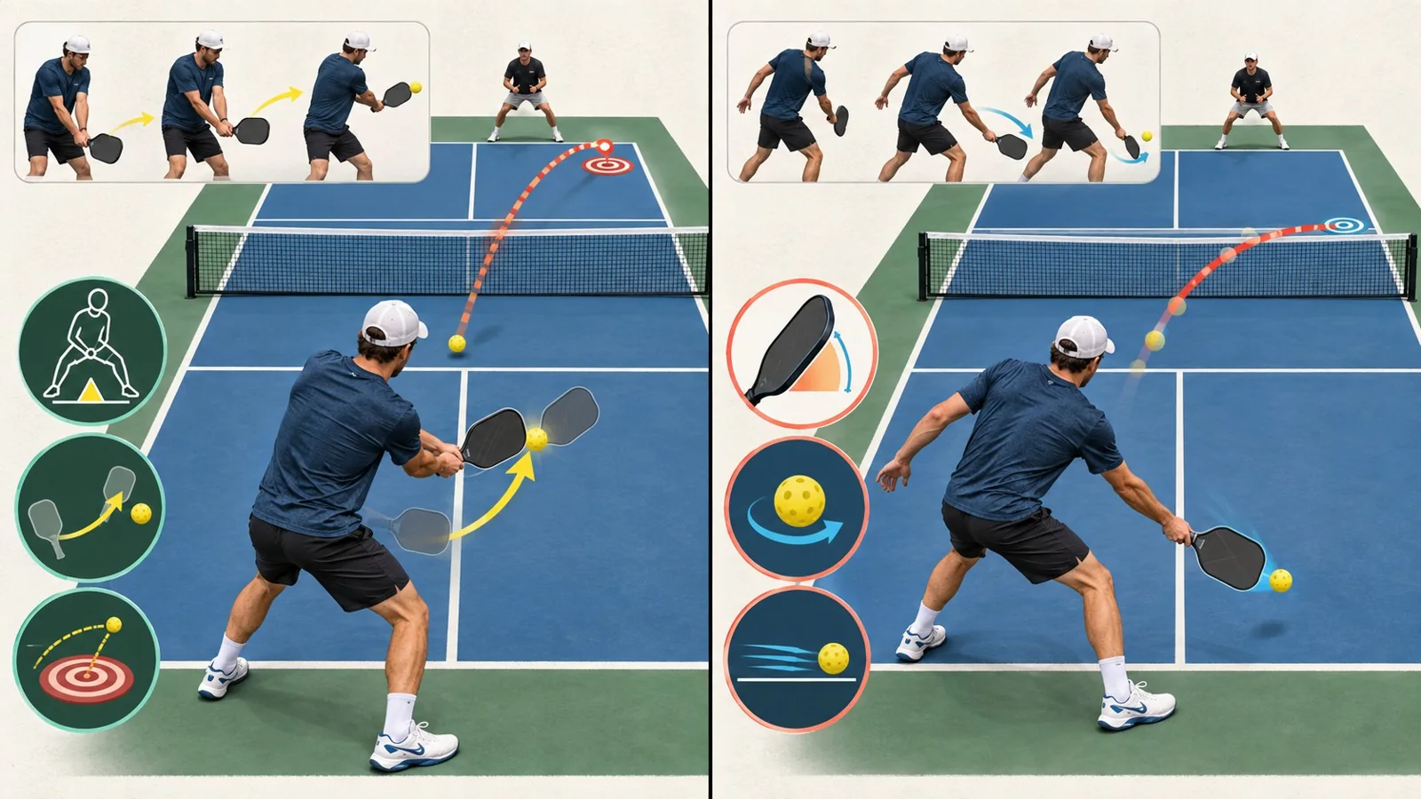 Coaching diagram of a two-handed backhand return with forward contact and a deep target