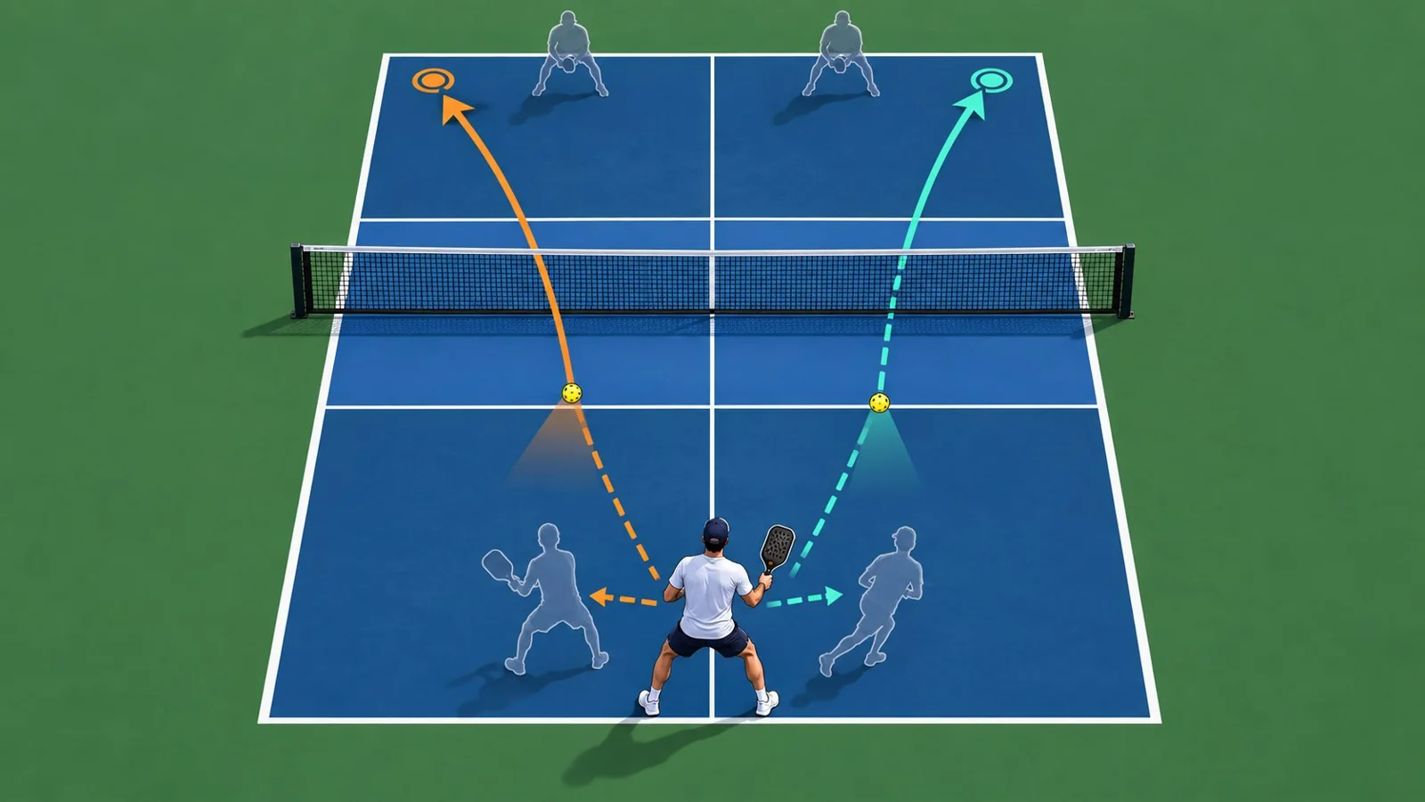 Split coaching diagram comparing a compact two-handed return with a controlled backhand slice