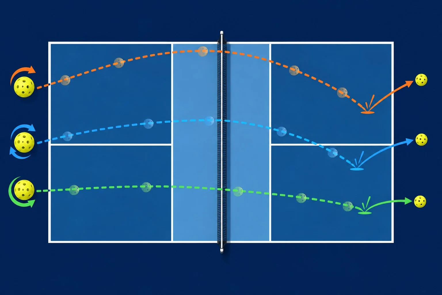 Diagrama de saque com topspin, sidespin e backspin mostrando trajetórias e quiques diferentes