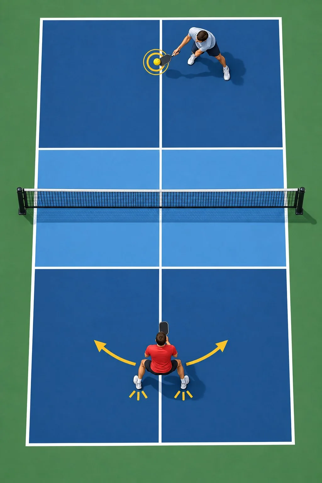 Overhead pickleball court showing a balanced reaction landing