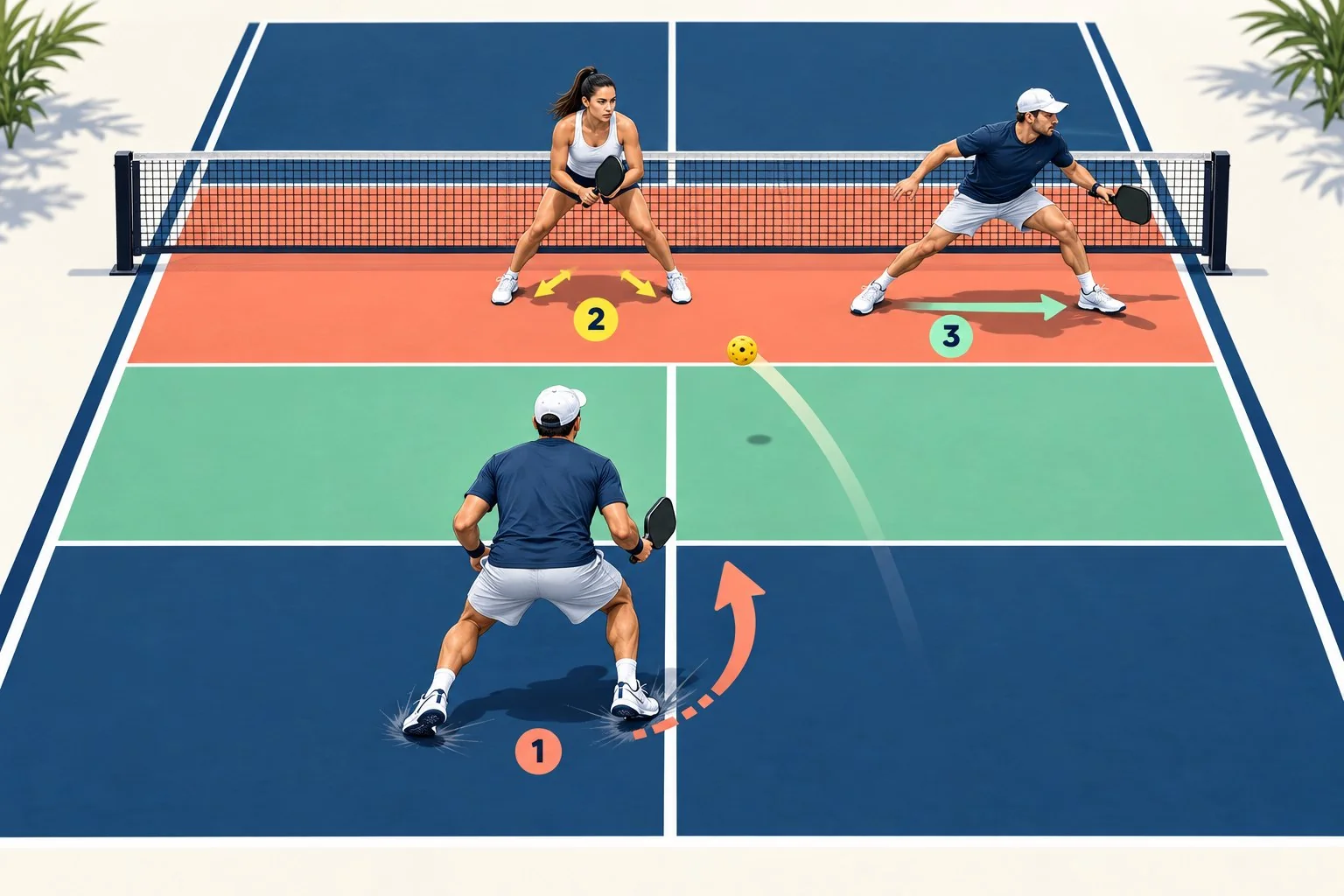Pickleball coaching diagram showing reaction bases at baseline, transition, and kitchen