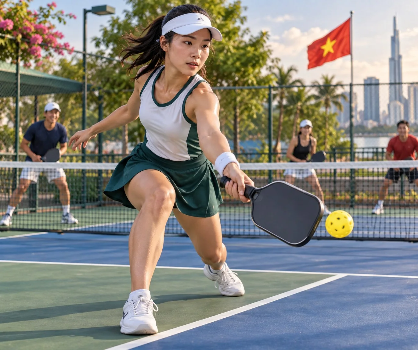 Cận cảnh bước chân và điểm chạm trước thân khi dink pickleball