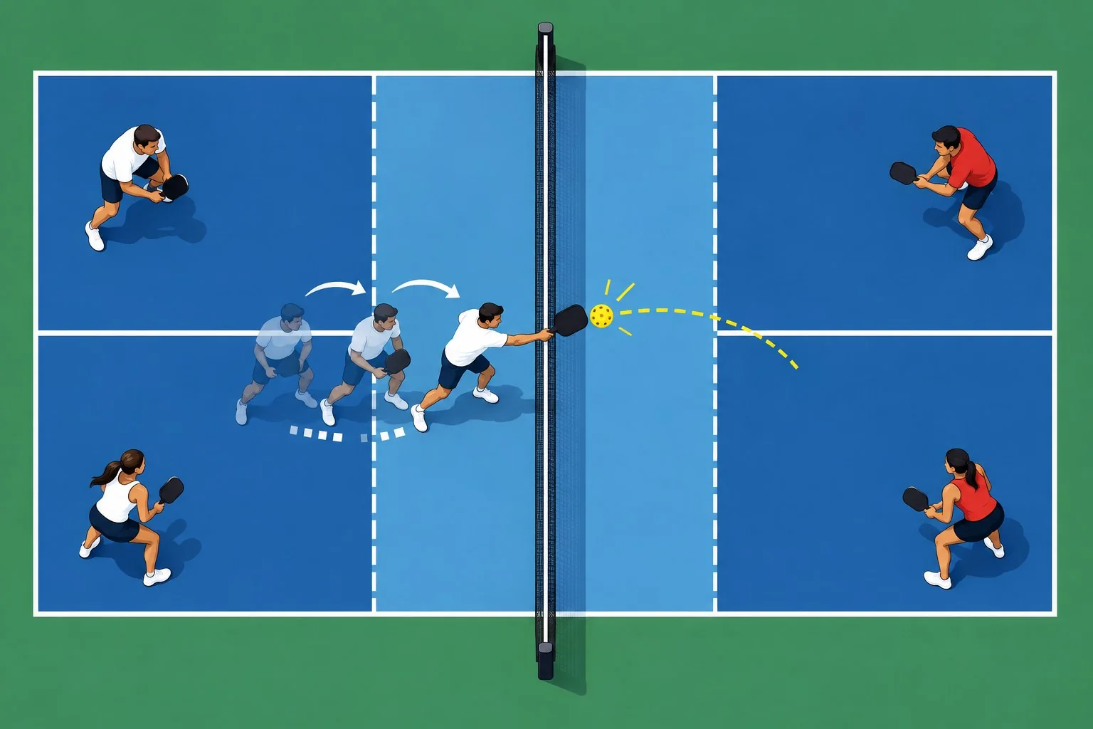 Diagrama da preparação e do ponto de contato no voleio de forehand