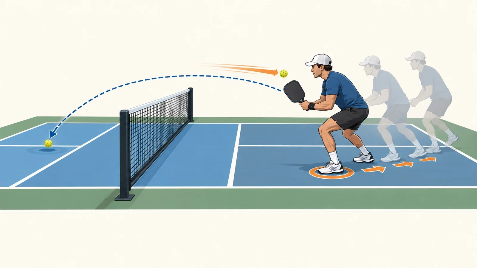 Overhead diagram of a pickleball transition reset moving a player toward the kitchen
