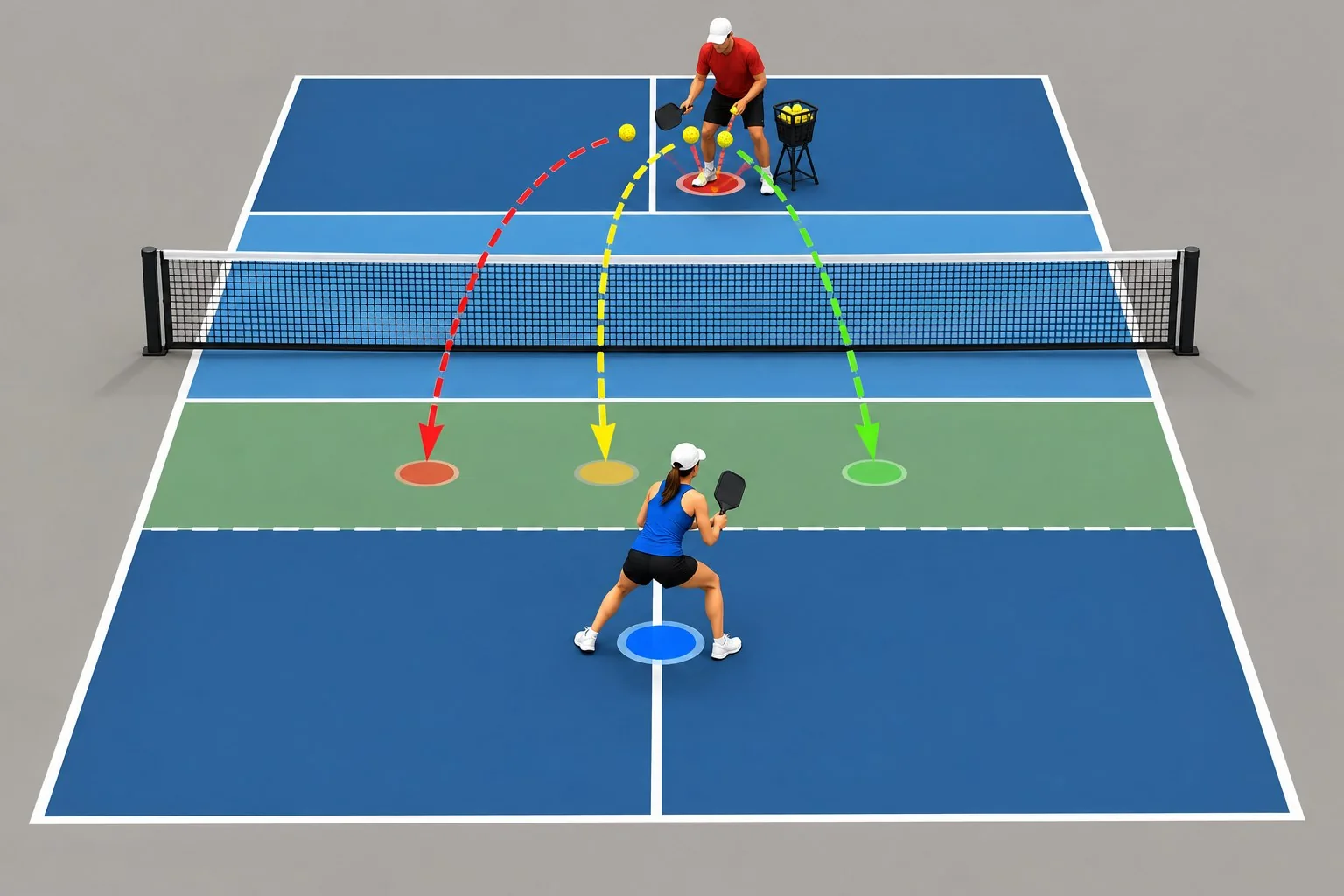 Side-view coaching illustration of absorbing pace with bent knees during a pickleball reset