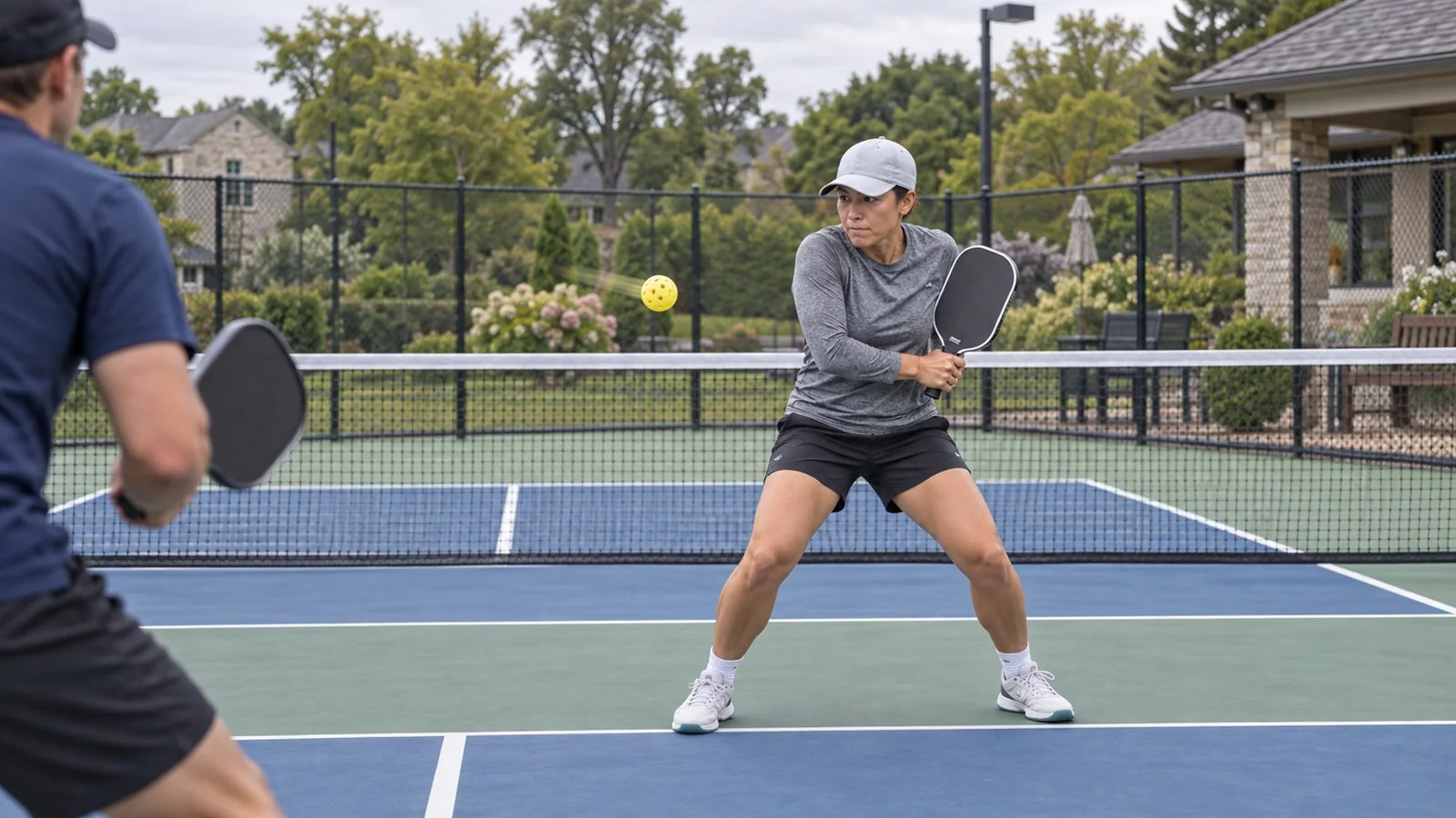 Technical pickleball coaching scene showing balanced feet, compact arms, and a defender reading a fast body shot