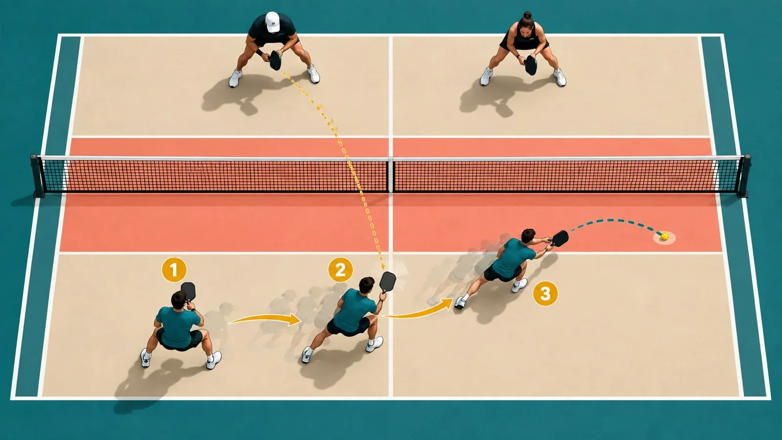 Overhead pickleball drill diagram showing ready position, small adjustment step, absorbed pace, and low reset target