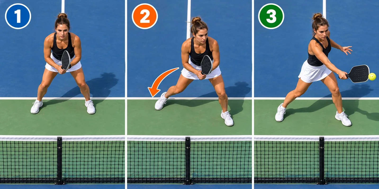 Overhead coaching diagram of the diagonal drop step for a wide forehand dink