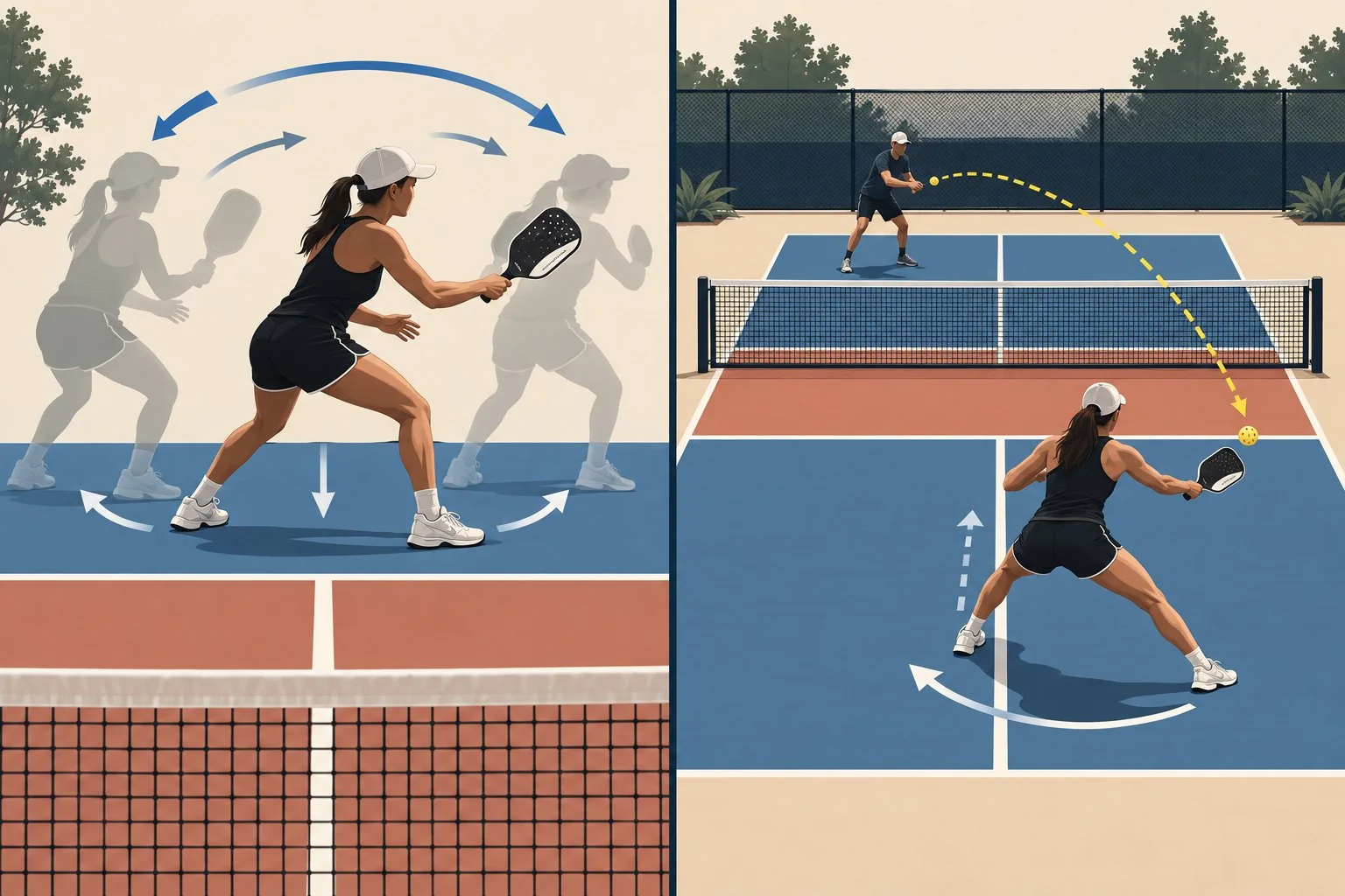 Sequential footwork diagram showing ready stance, diagonal drop step, and balanced forehand contact