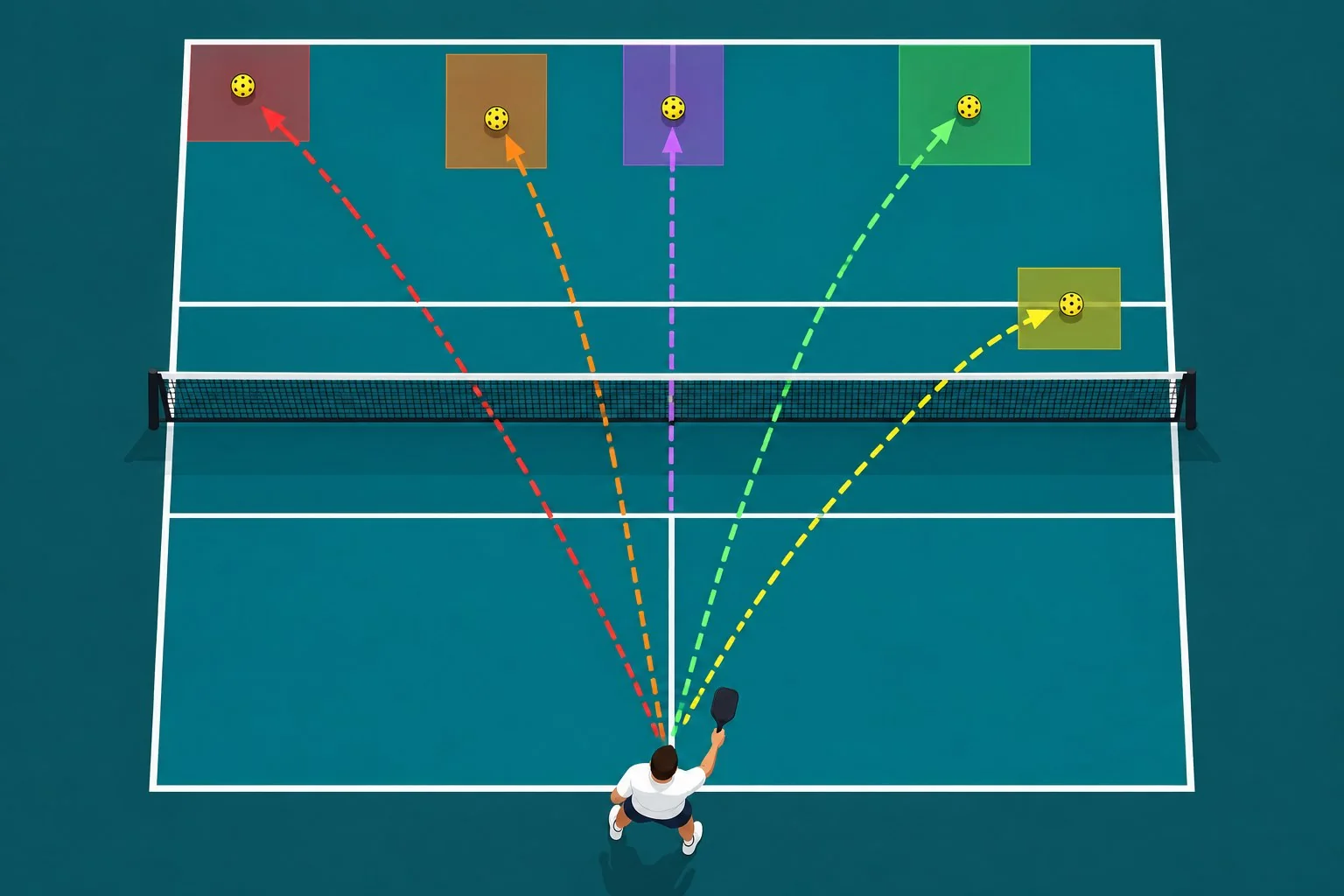 Diagrama de la zona legal y los objetivos del saque en pickleball