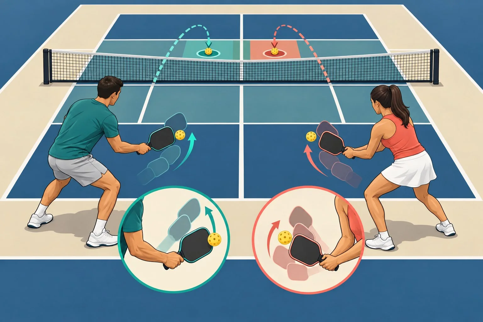 Overhead pickleball coaching diagram showing a stable kitchen base and low dink arc