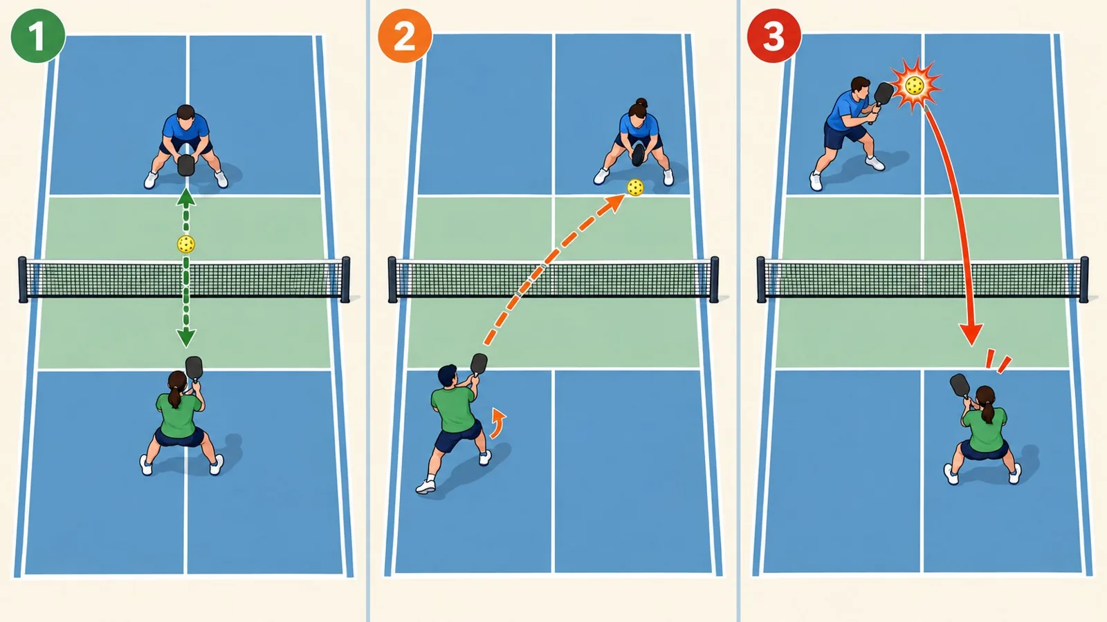 Instructional diagram of forehand dink contact in front of the lead foot with a compact path