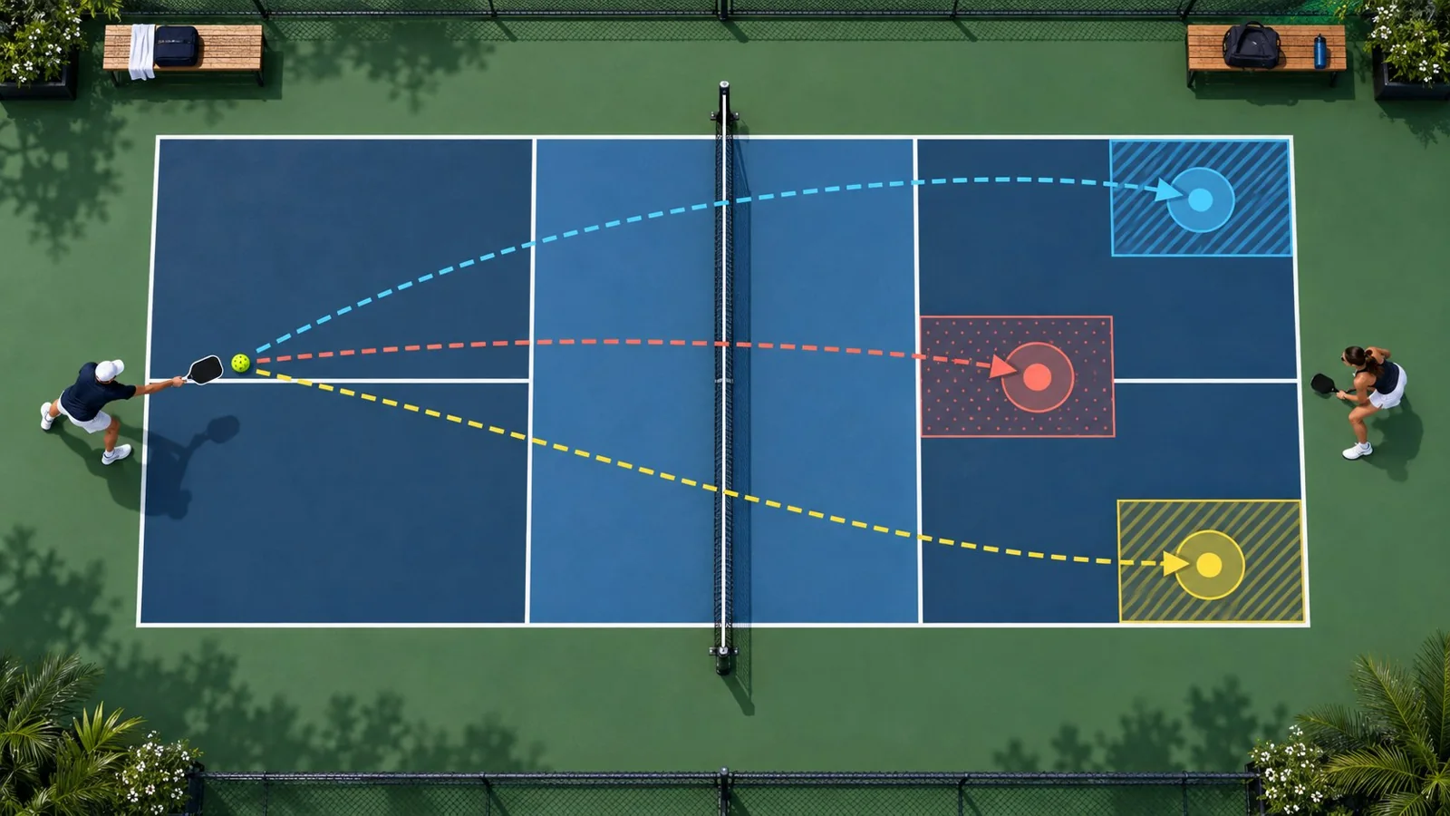 Mapa cenital de objetivos y variaciones de saque en pickleball