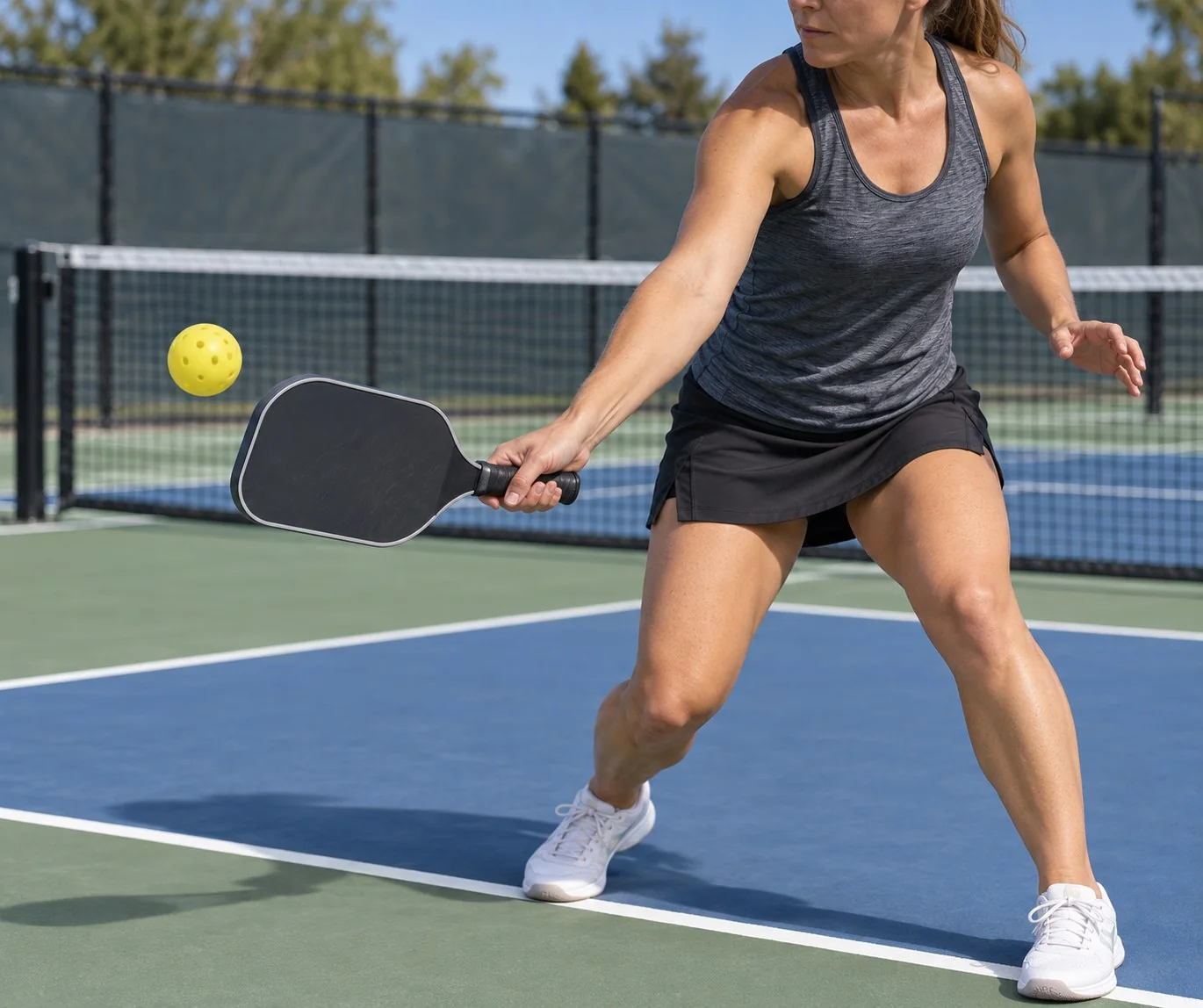 Close technique view of a balanced forehand pickleball lob contact