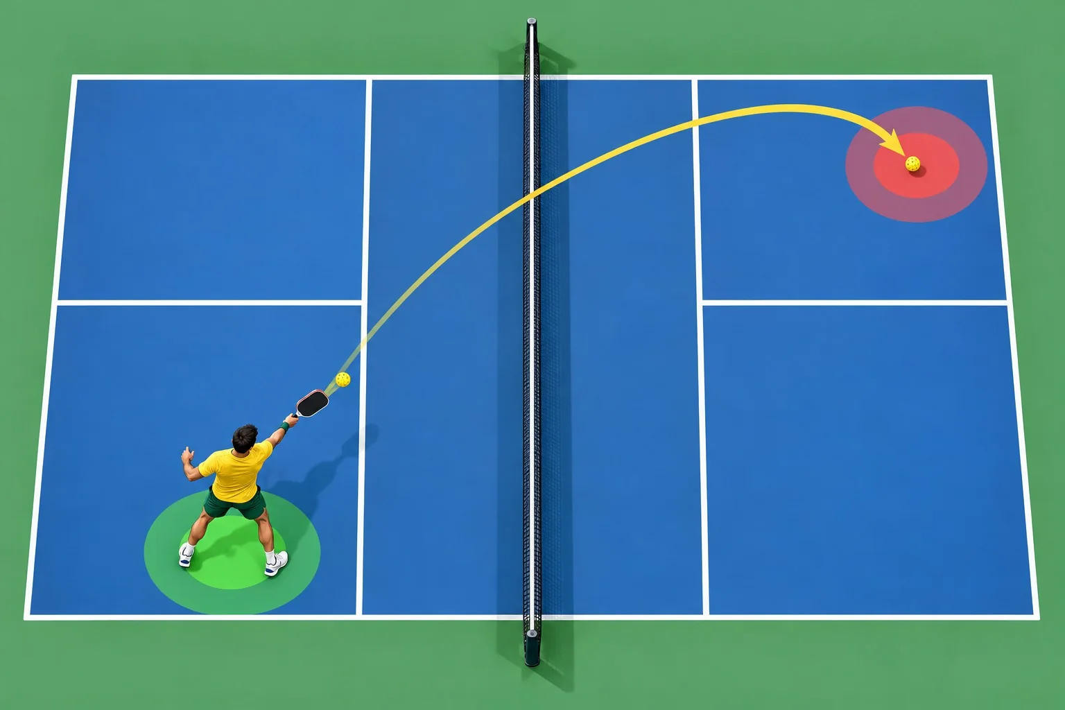 Diagrama da trajetória de topspin sobre a rede no pickleball