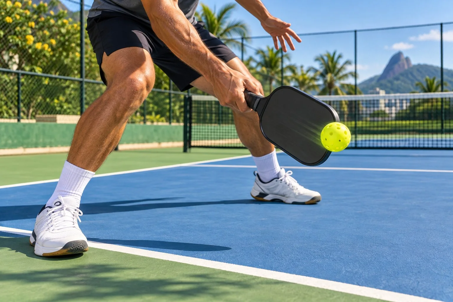 Jogador executando drive de topspin com margem acima da rede
