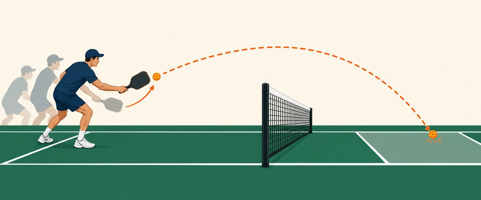 Overhead coaching diagram showing the third-shot drop landing zone in the middle of the kitchen