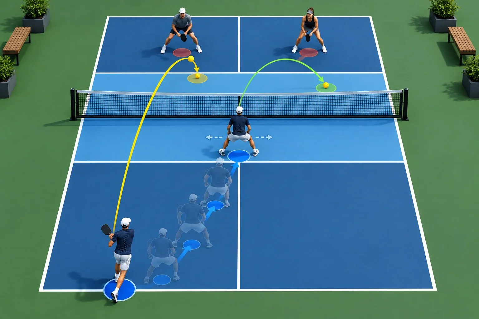 Side-view technique diagram showing a low-to-high third-shot drop, early apex, and descending ball path